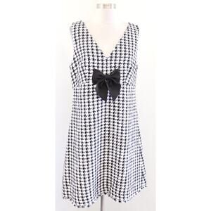 Kate Spade Black White Houndstooth Tweed Fringe Bow A Line Mini Dress Size 12